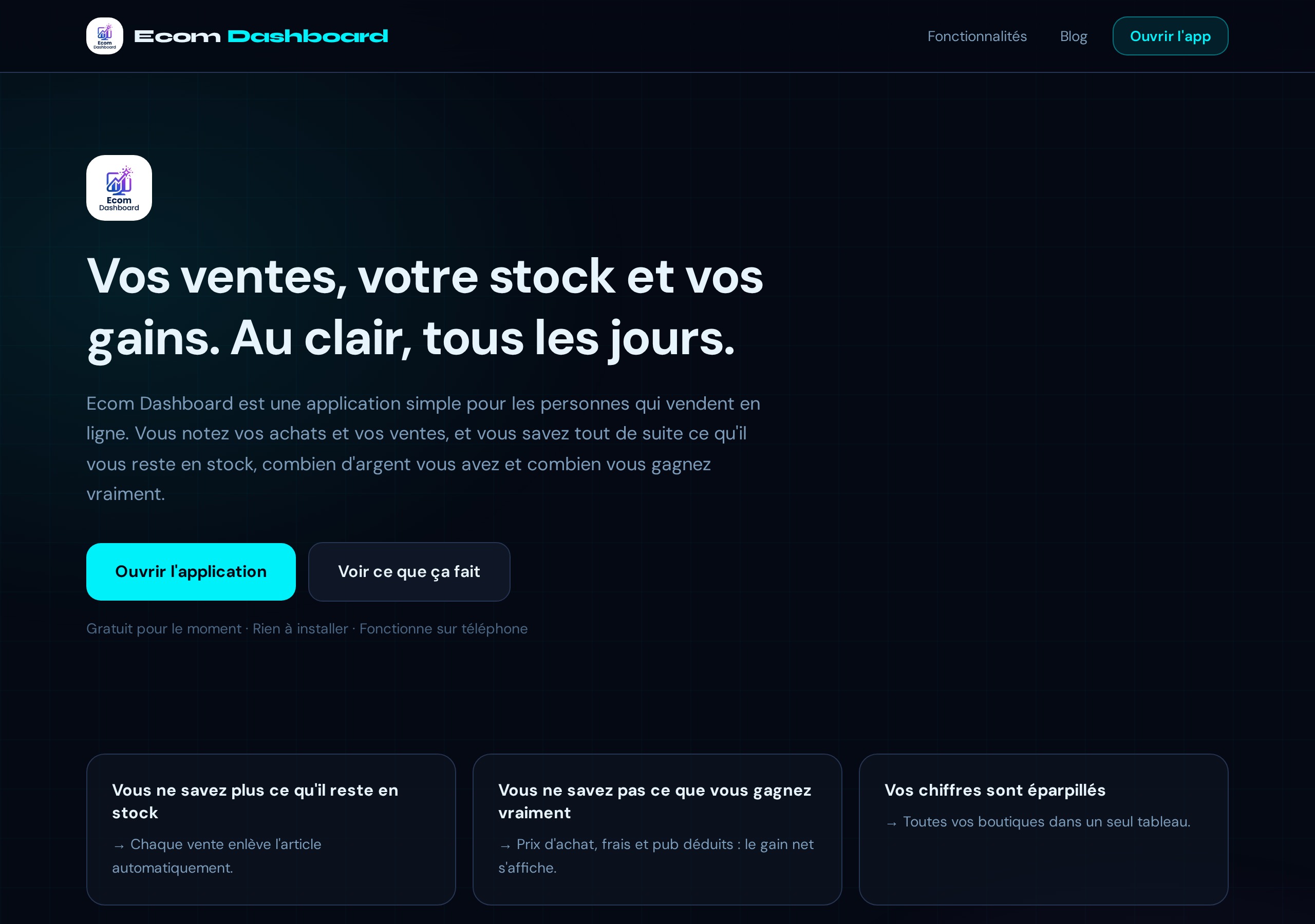 Aperçu de Ecom Dashboard, application de suivi du stock, des ventes et des gains pour e-commerçants