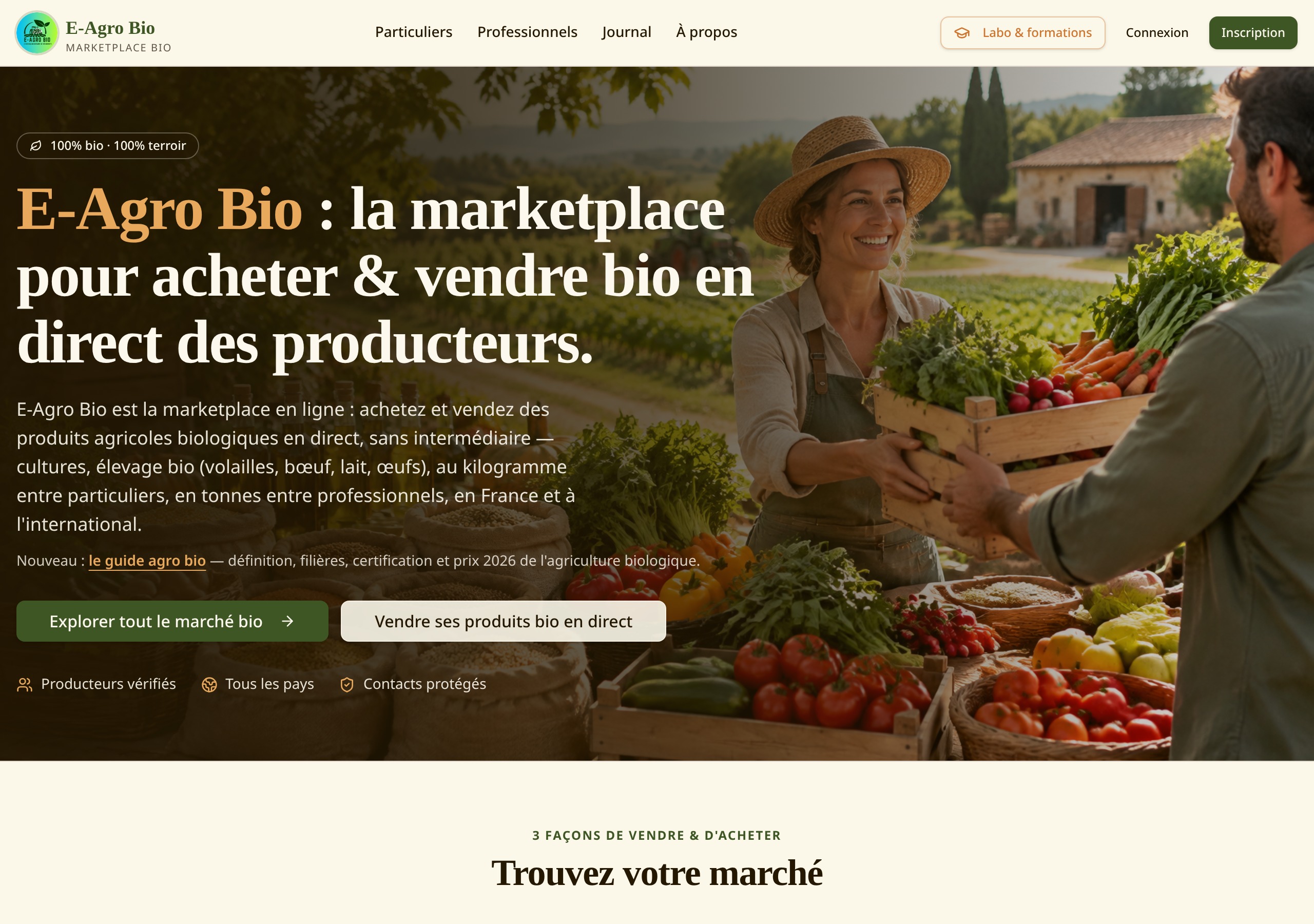 Aperçu du site E-Agro Bio, marketplace de produits bio