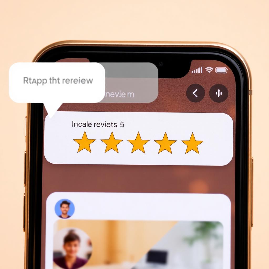 Téléphone affichant un avis Google 5 étoiles avec réponse automatique