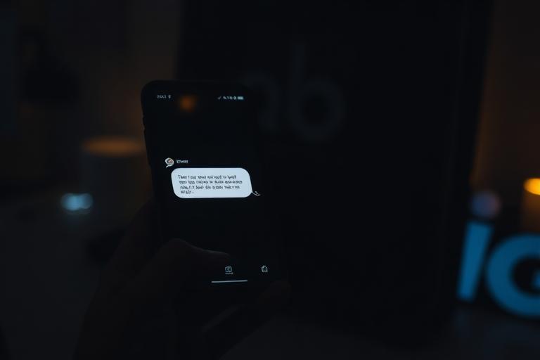 Smartphone affichant une conversation client lumineuse la nuit