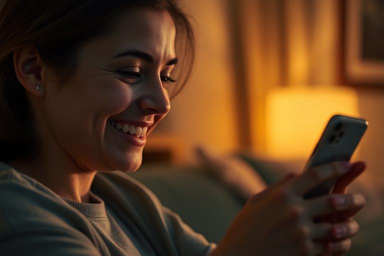 Cliente souriante regardant une vidéo personnalisée sur son téléphone