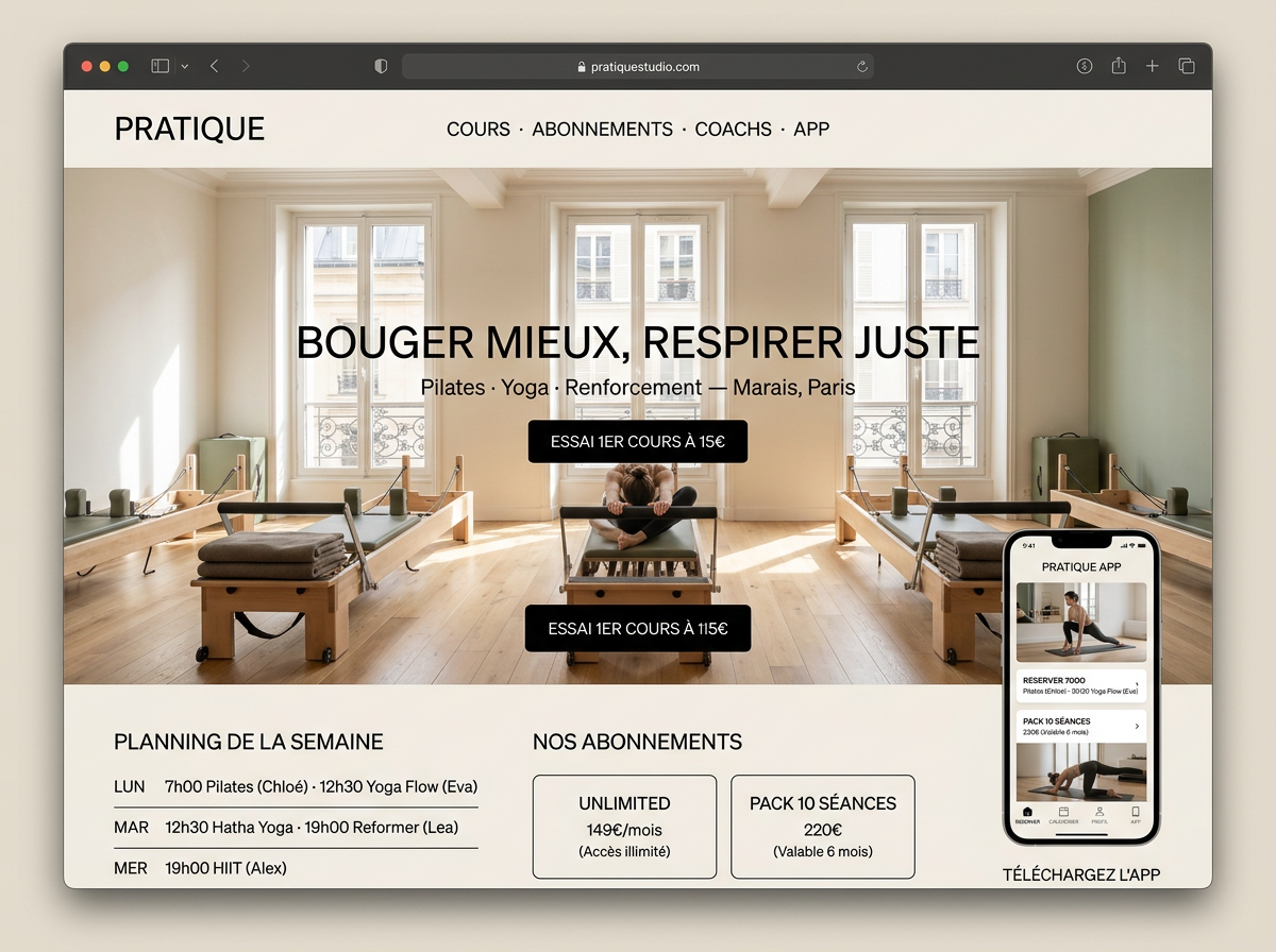 Maquette de site web — Pratique Studio (Studio fitness & pilates)