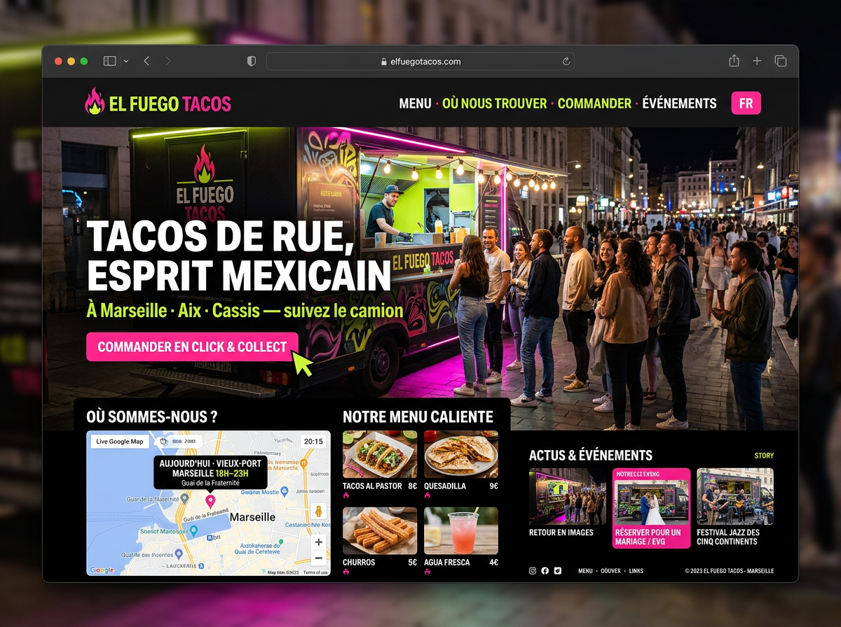 Maquette de site web — El Fuego Tacos (Food truck)